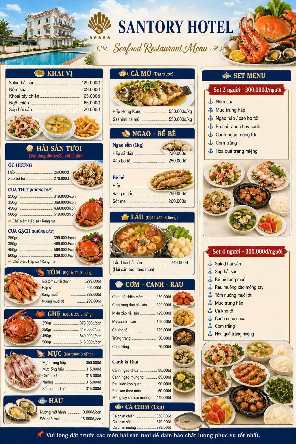 khách sạn Santory Thịnh Long thực đơn phục vụ